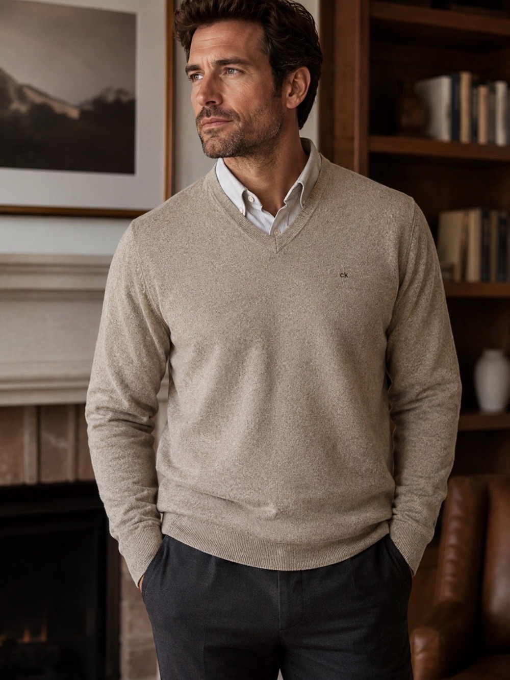 Men’s Calvin Klein 100% Merino Wool V Neck Sweater Large Oatmeal Quiet Luxury